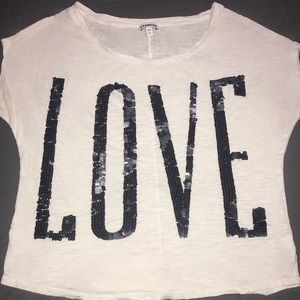 Express Women’s White Shirt/Black Sequins LOVE